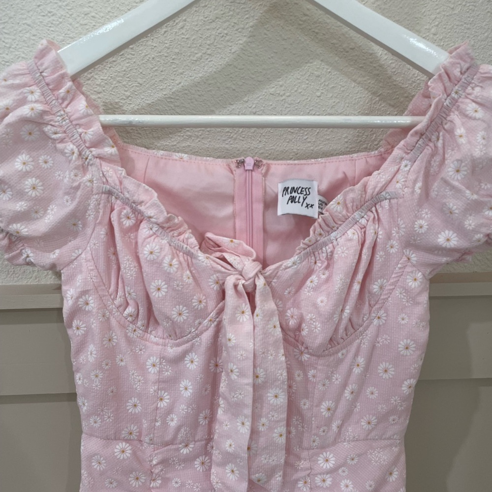 Princess Polly Light Pink Tiny Daisies Print Bow Ruffles  Mini Dress Size 2 - Picture 3 of 8
